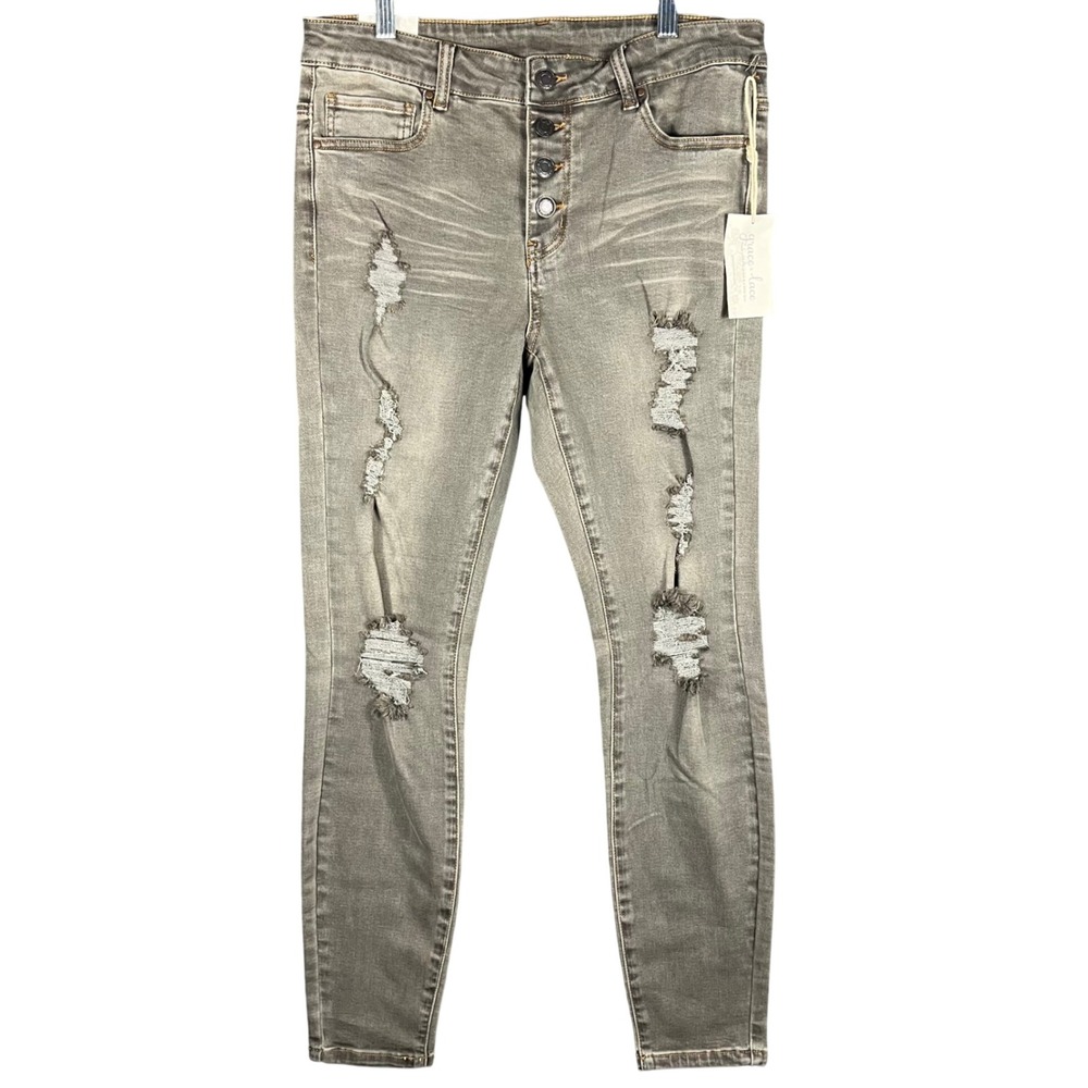 Grace‎ & Lace Distressed Skinny Jeans Women Size 10 Grey Button Fly Frayed Denim
